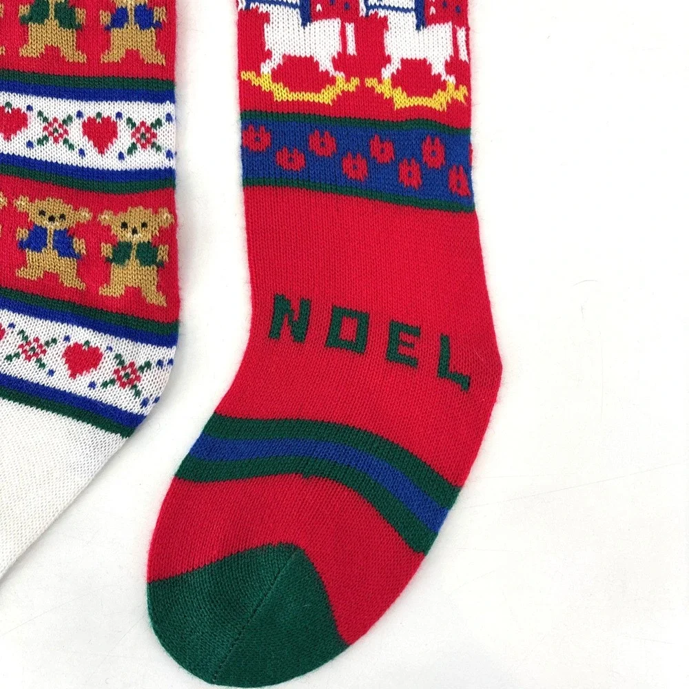 VTG Christmas Stocking LOT Kurt Adler Knit Hearts & Bears &‎ NOEL Rocking Horse